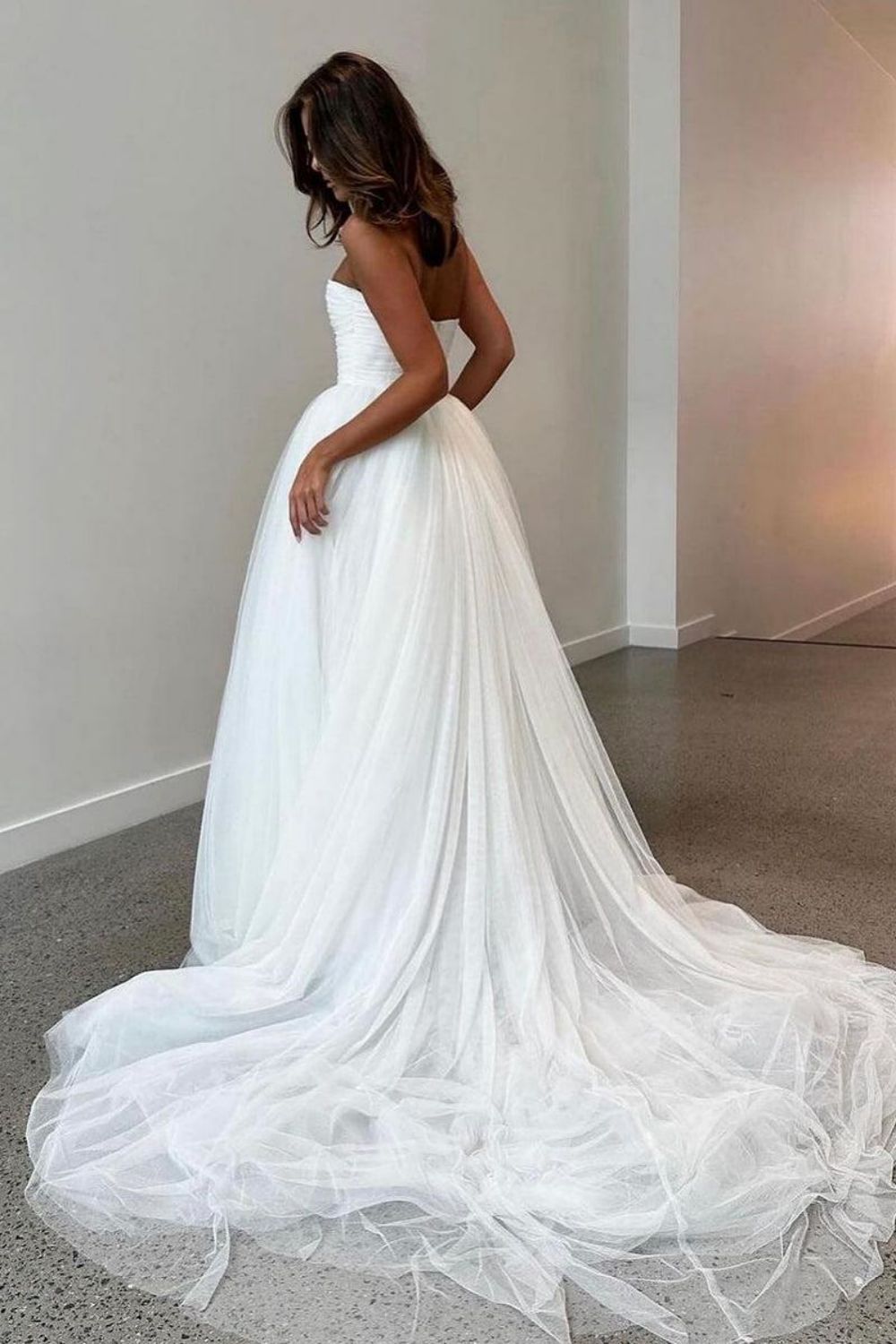 Elegant A Line Strapless White Tulle Long Bridal Dress with Sweep Train