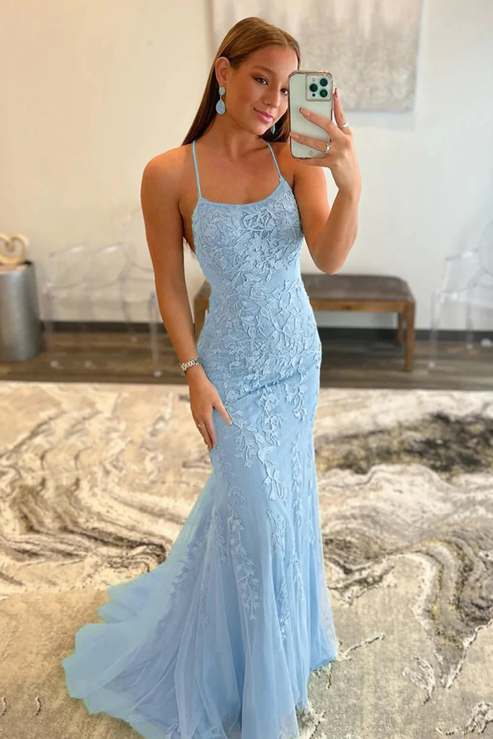 Mermaid Spaghetti Straps Lavender Long Prom Dress with Appliques