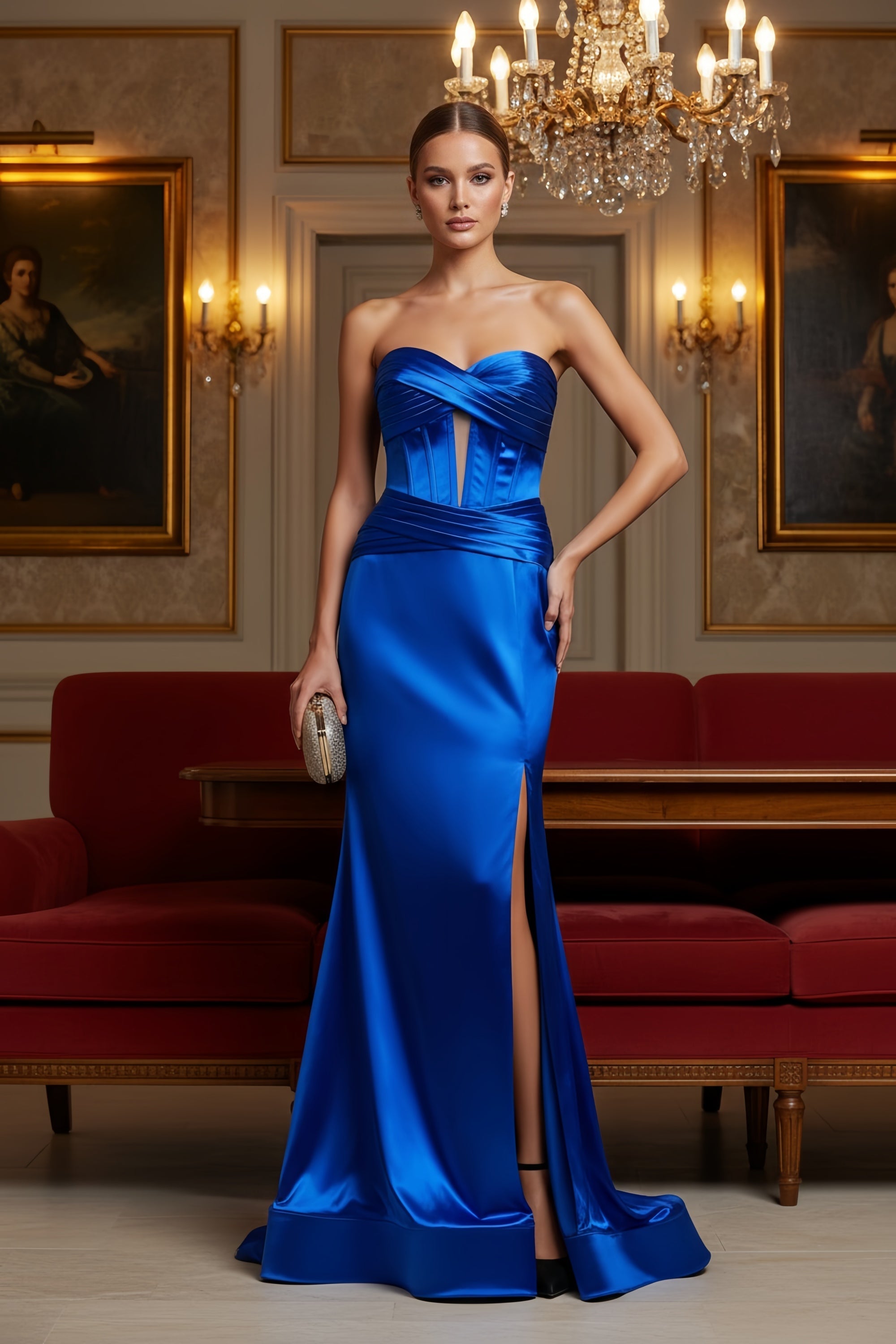 Sophisticated Strapless Satin Corset Evening Gown with Slit