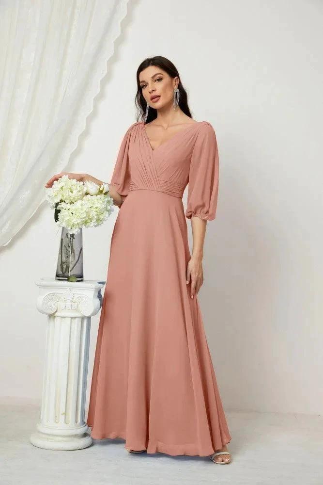 Numbersea Formal Prom Gown Women V-Neck Chiffon Bridesmaid Dresses Long Bishop Sleeve Party Dress 2807 by numbersea