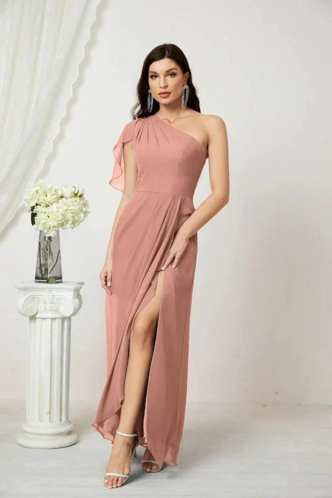 Numbersea Chiffon Ruffled One Shoulder Long Bridesmaid Dresses A-line Formal Evening Gown Side Split 2809 by numbersea