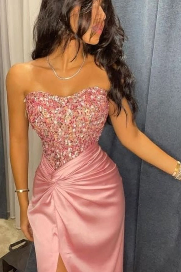 Sexy Mermaid Sweetheart Pink Long Party Dress with Beading