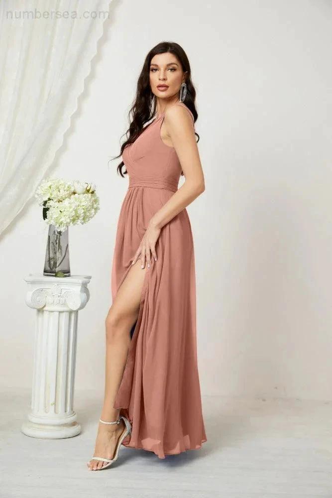 ZapDress Chiffon V-Neck Bridesmaid Dress Spaghetti Strap Long Formal Party Prom Gowns with Slit 28010 (ZD17028)