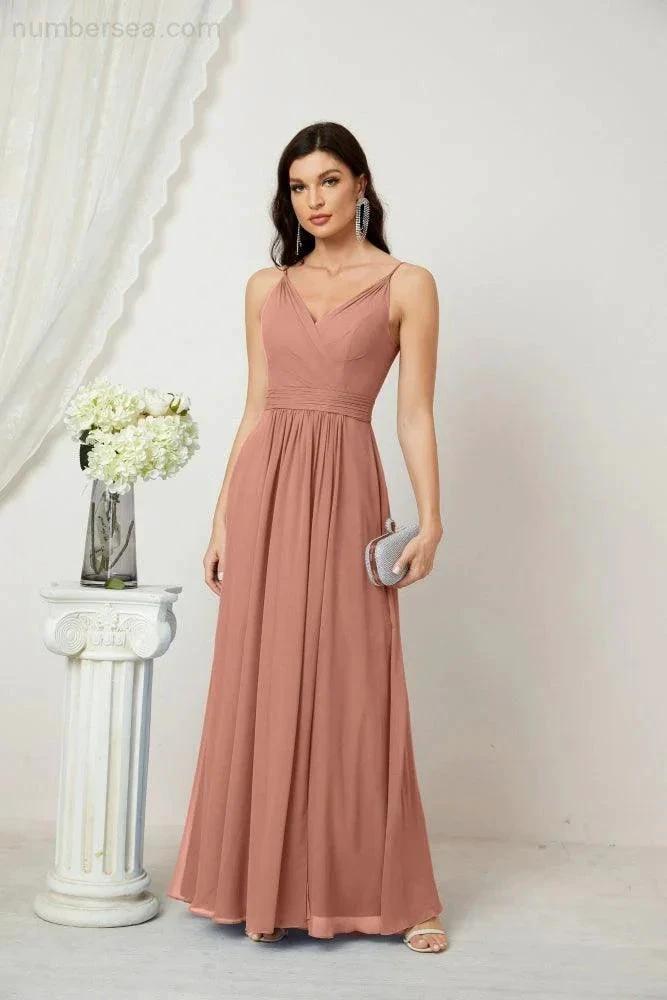 ZapDress Chiffon V-Neck Bridesmaid Dress Spaghetti Strap Long Formal Party Prom Gowns with Slit 28010 (ZD17028)