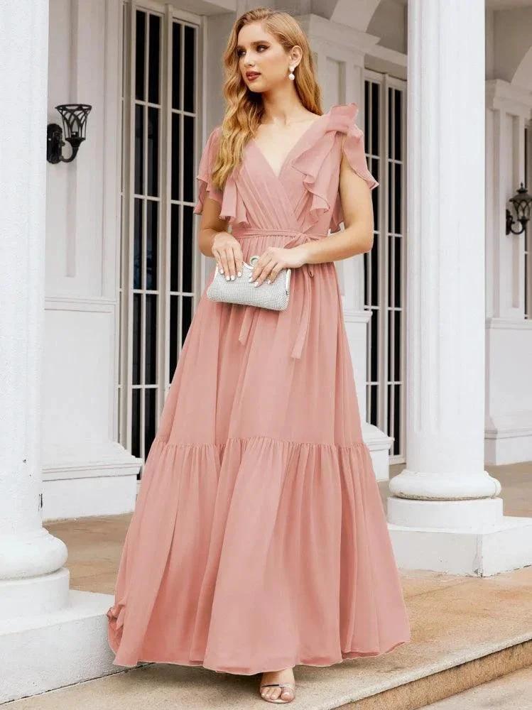 Numbersea Women's Open Back Formal Evening Party Prom Gowns V-Neck Long Chiffon Bridesmaid Dresses with Waist Belt 28038 by numbersea