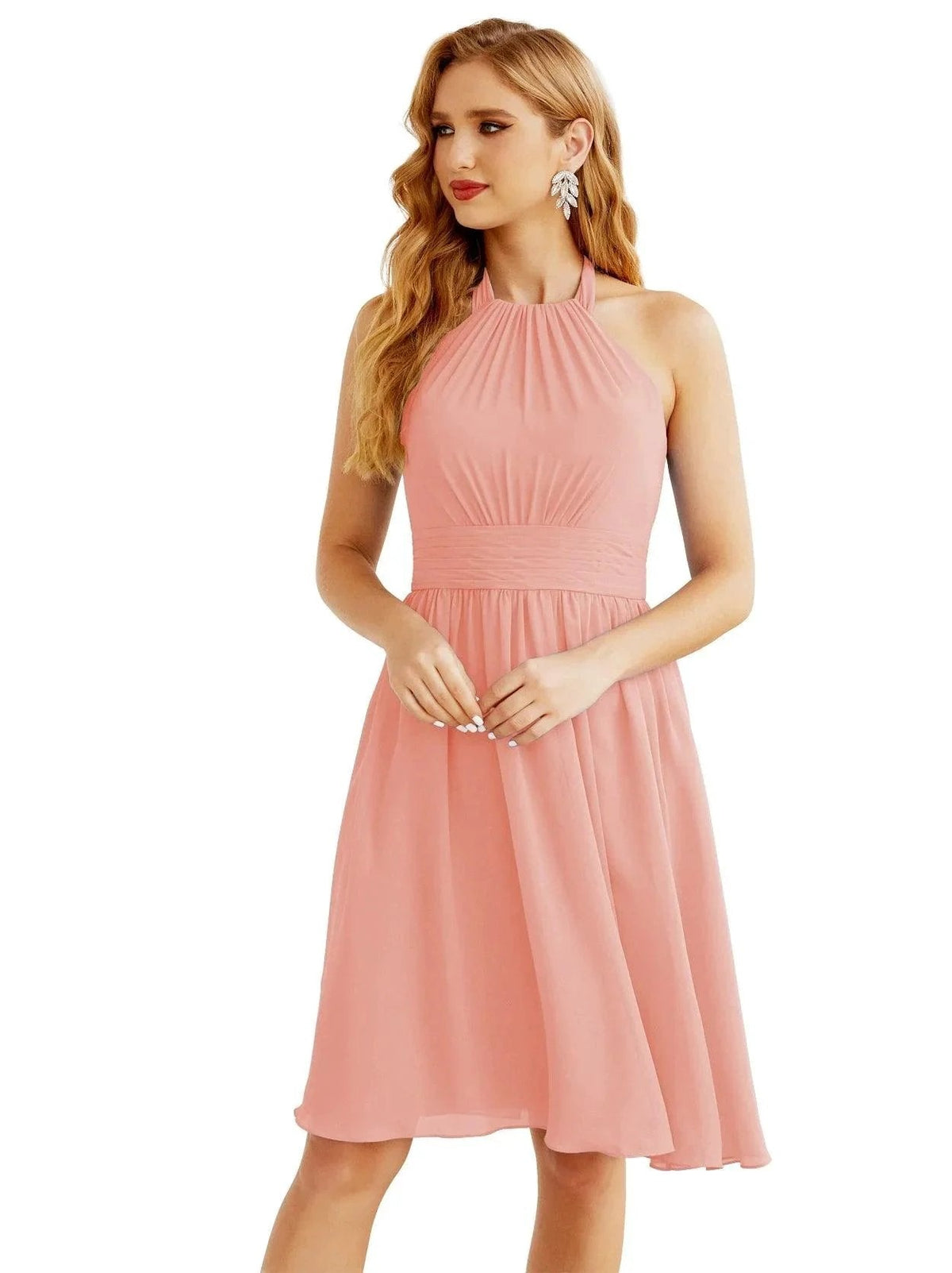 ZapDress Halter Chiffon Bridesmaid Dresses Short Sleeveless Formal Party Dress Open Back 28023 (ZD16957)