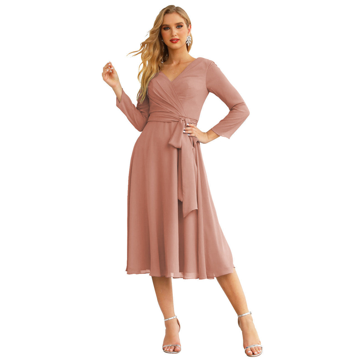 Sunnderly Chiffon Bridesmaid Dress V-Back Waist Belt Formal Prom Gown Mother of The Bride Wedding Guest - VelvetHem