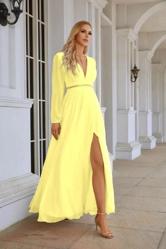 Ladies V Neck Chiffon Long Sleeve Front Slit Bridesmaid Evening Dress Wedding Party Shopping Evening Dress 28109 by numbersea