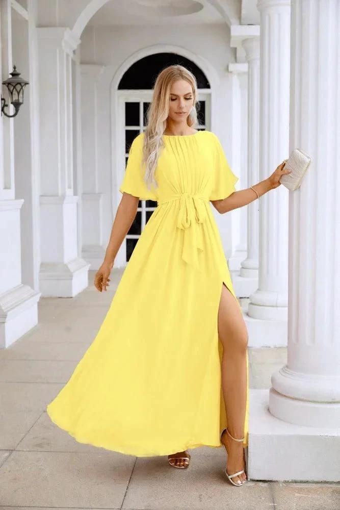 Ladies Chiffon Sleeve Crew Neck Front Slit Floor Length Bridesmaid Evening Dress Wedding Party Evening Dress 28124 by numbersea