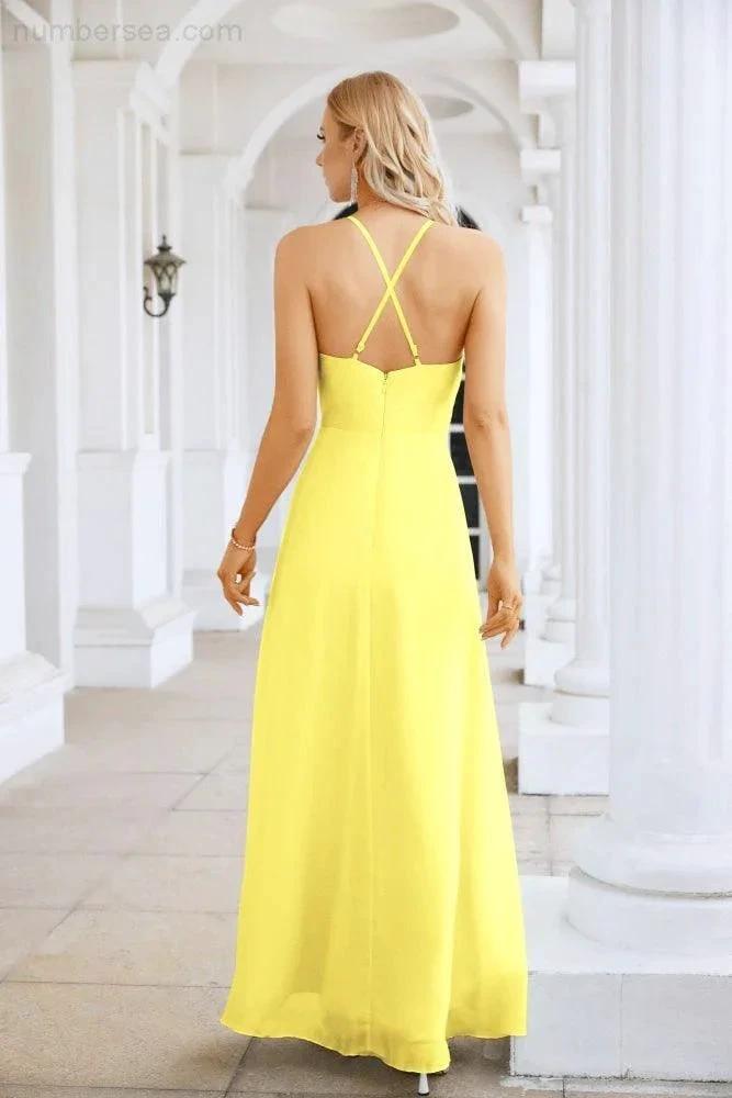 Ladies Chiffon Spaghetti Strap V Neck Front Slit Floor Length Bridesmaid Evening Dress Prom Party Wedding Evening Dress 28116 (ZD17012)