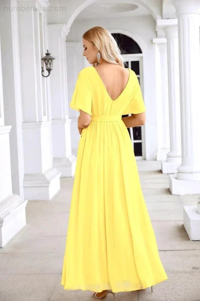 Ladies Chiffon Sleeve Crew Neck Front Slit Floor Length Bridesmaid Evening Dress Wedding Party Evening Dress 28124 (ZD17007)