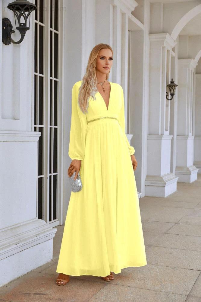 Ladies V Neck Chiffon Long Sleeve Front Slit Bridesmaid Evening Dress Wedding Party Shopping Evening Dress 28109 (ZD16991)