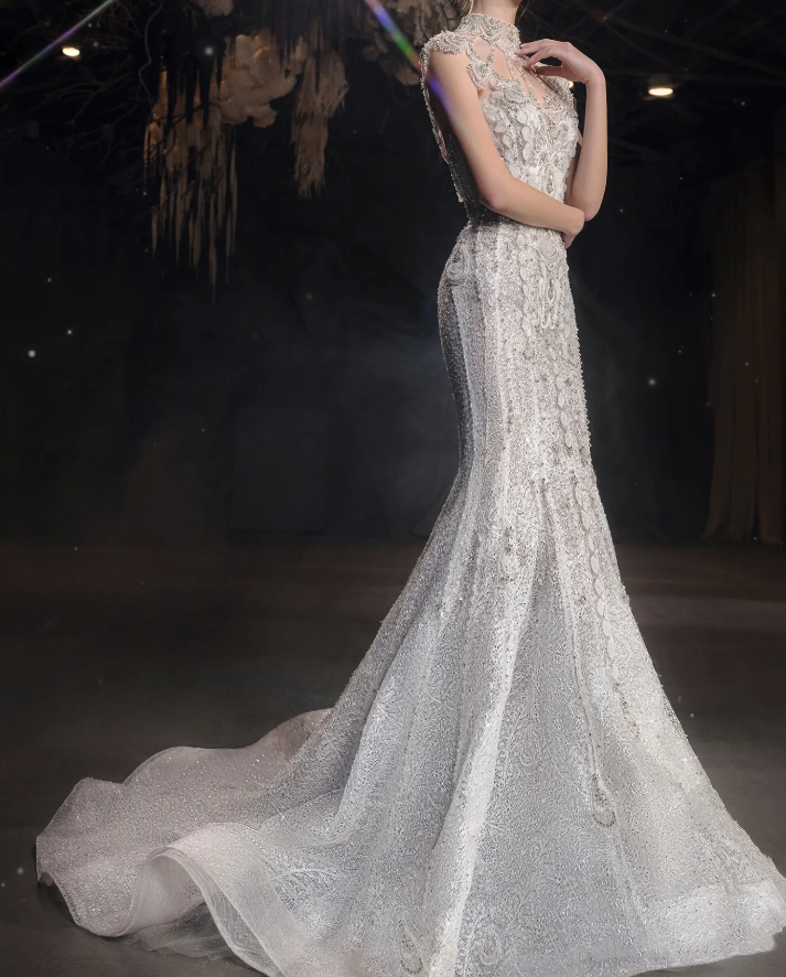 Princess Mermaid Strapless Neckline Sequin White Tulle Wedding Dresses
