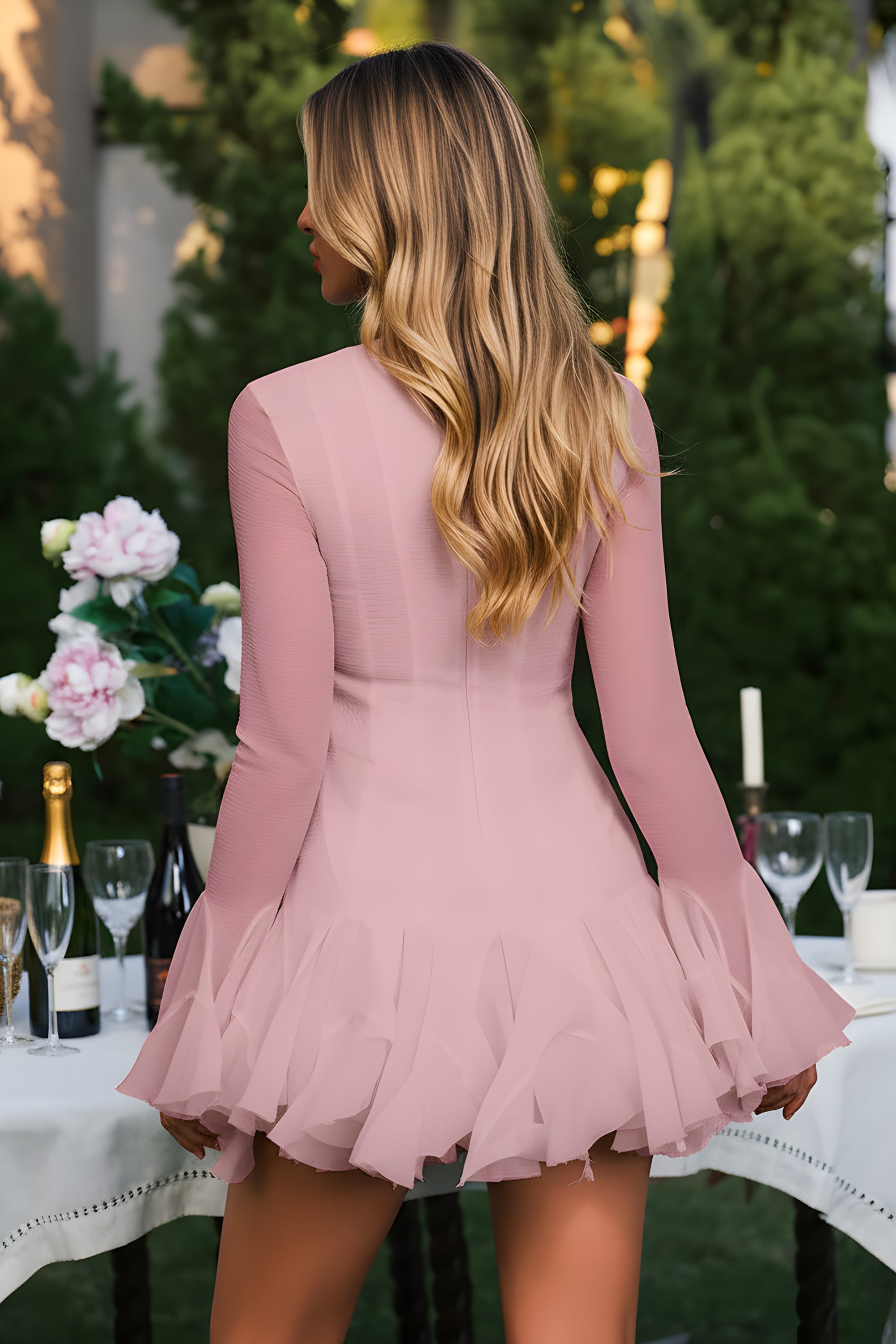 Chic Button Front Ruffled Flared Sleeve Mini Skater Dress