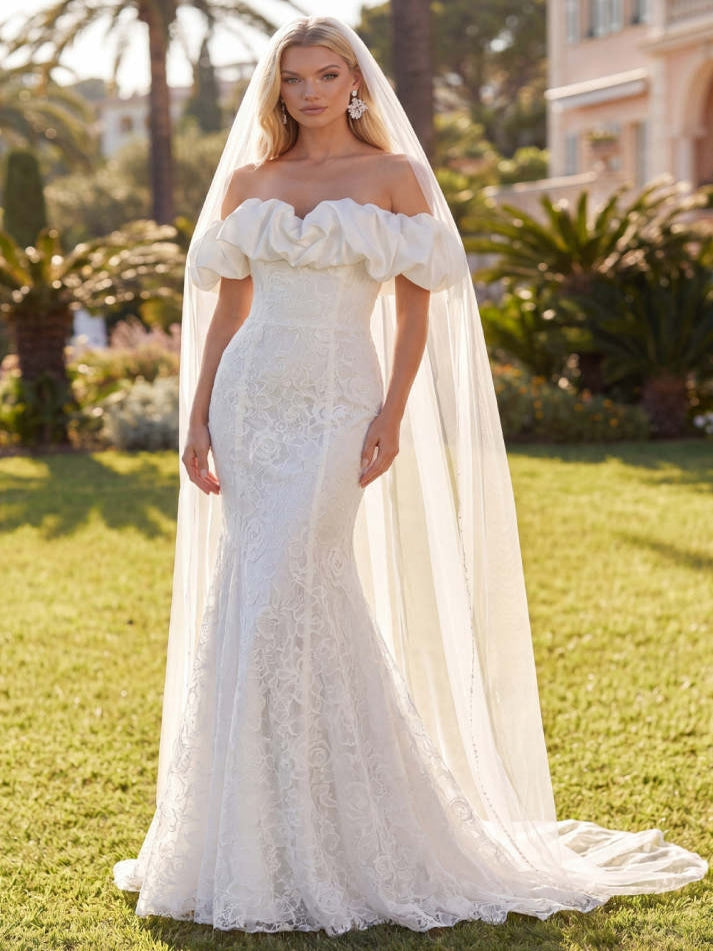 White Mermaid Floral Lace Sweep Train Wedding Dress