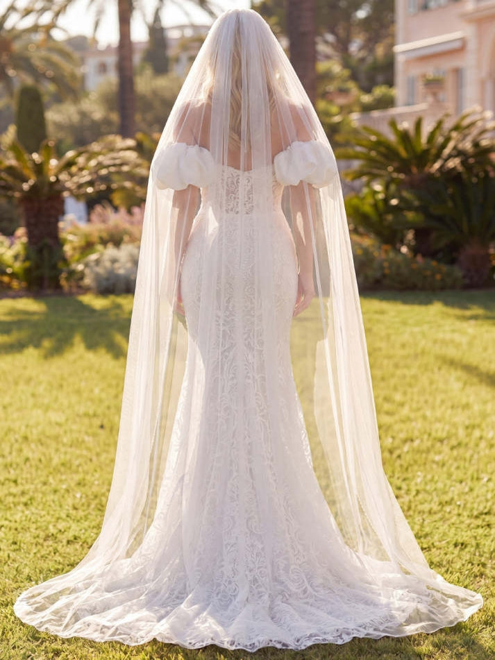 White Mermaid Floral Lace Sweep Train Wedding Dress
