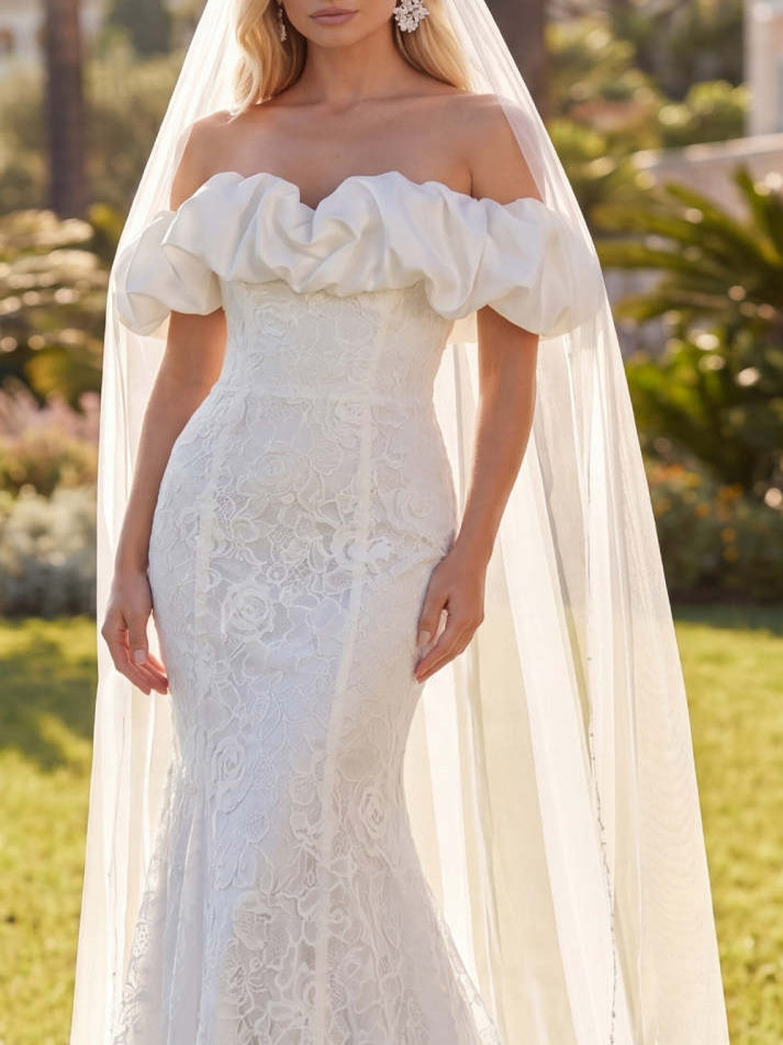 White Mermaid Floral Lace Sweep Train Wedding Dress