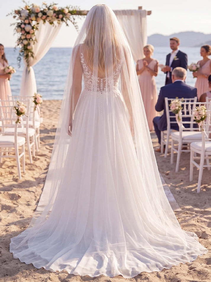 White A Line Floral Appliqued V Neck Floor-Length Wedding Dress
