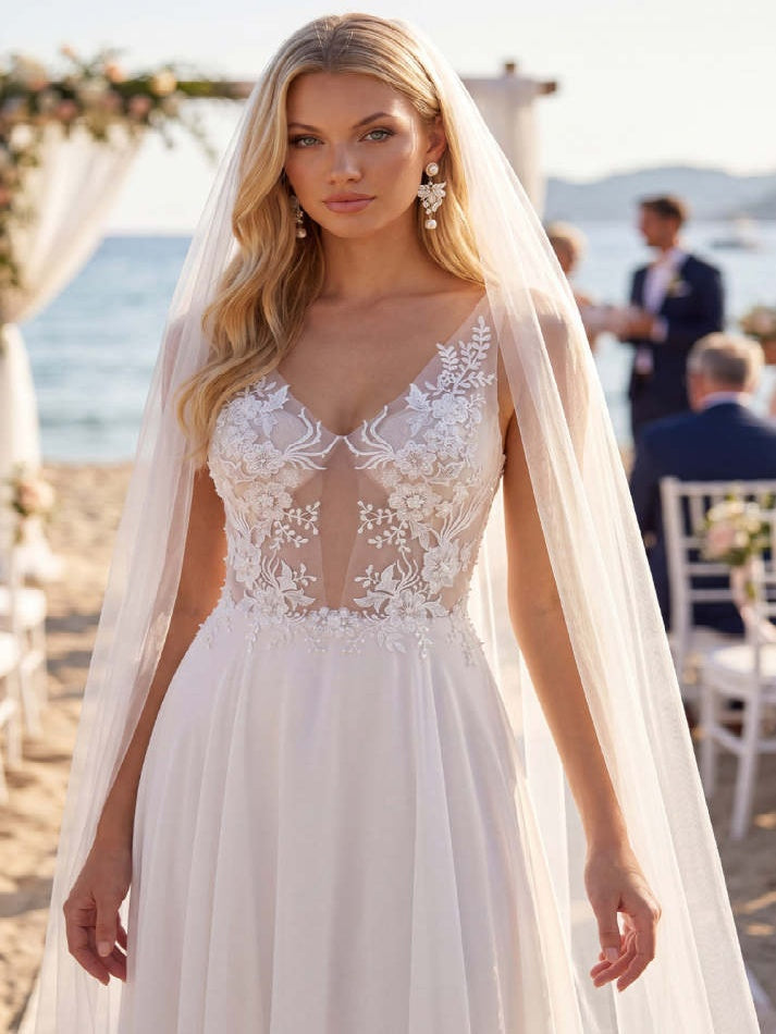 White A Line Floral Appliqued V Neck Floor-Length Wedding Dress