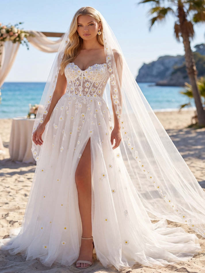A Line White Floral Corset Floor-Length Wedding Dress