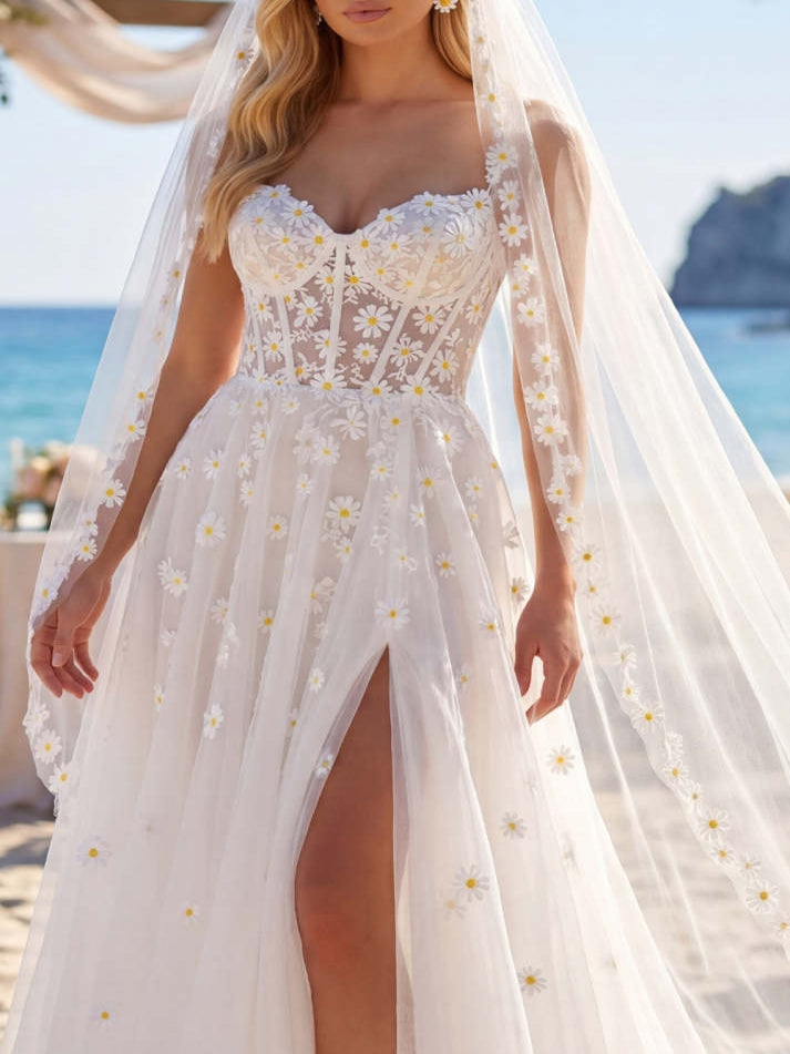 A Line White Floral Corset Floor-Length Wedding Dress