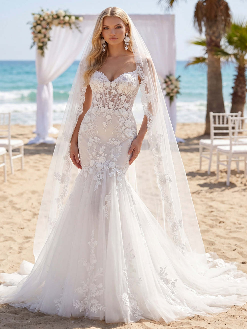 Spaghetti Straps White Lace Floral Floor-Length Beach Wedding Dress