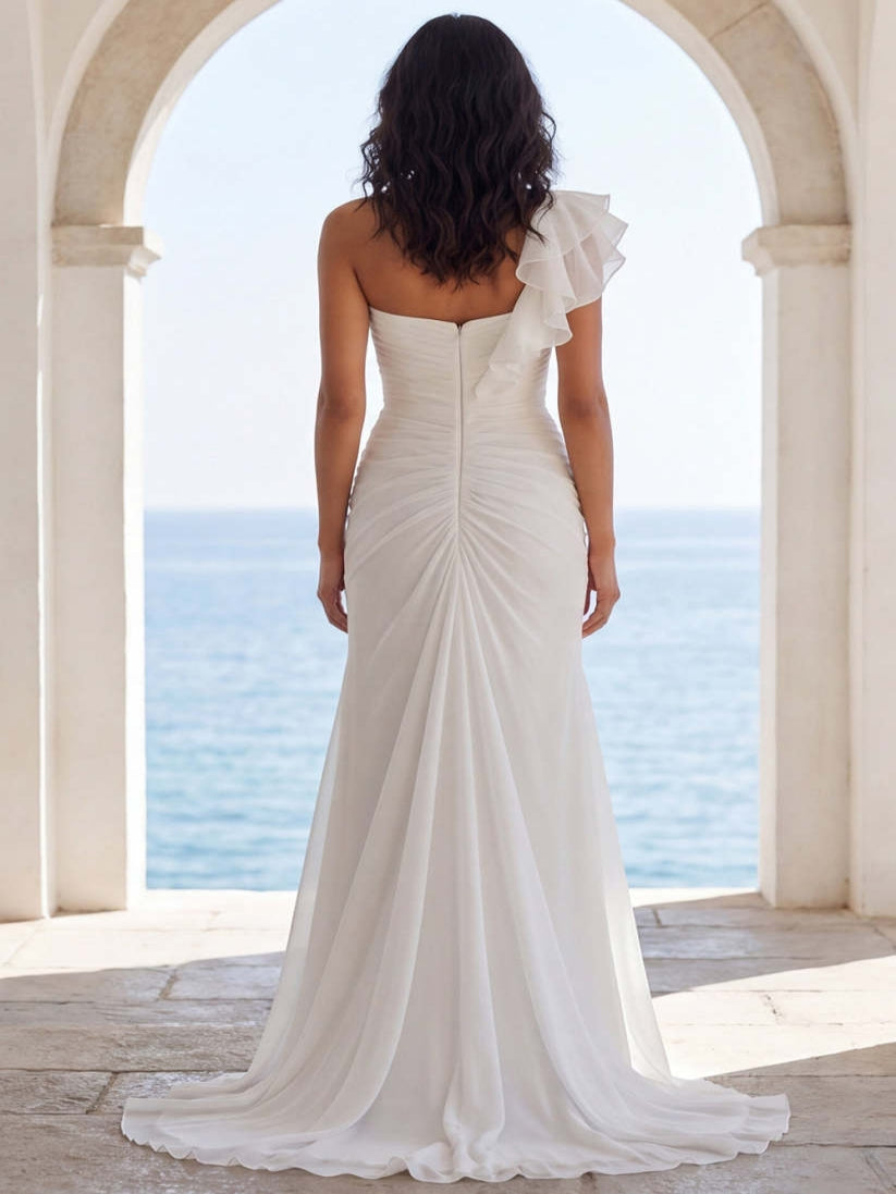 One Shoulder Ruffled Ivory Mermaid Long Beach Wedding Dress with Slit