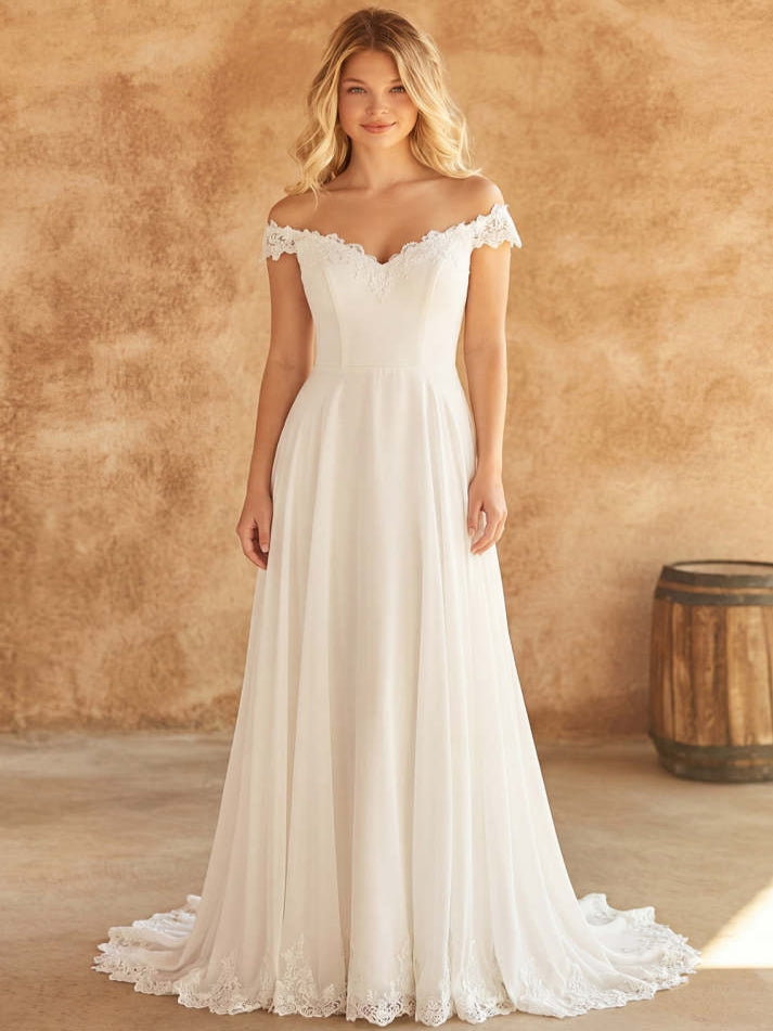 White A Line Off the Shoulder Swep Train Wedding Dress with Lace