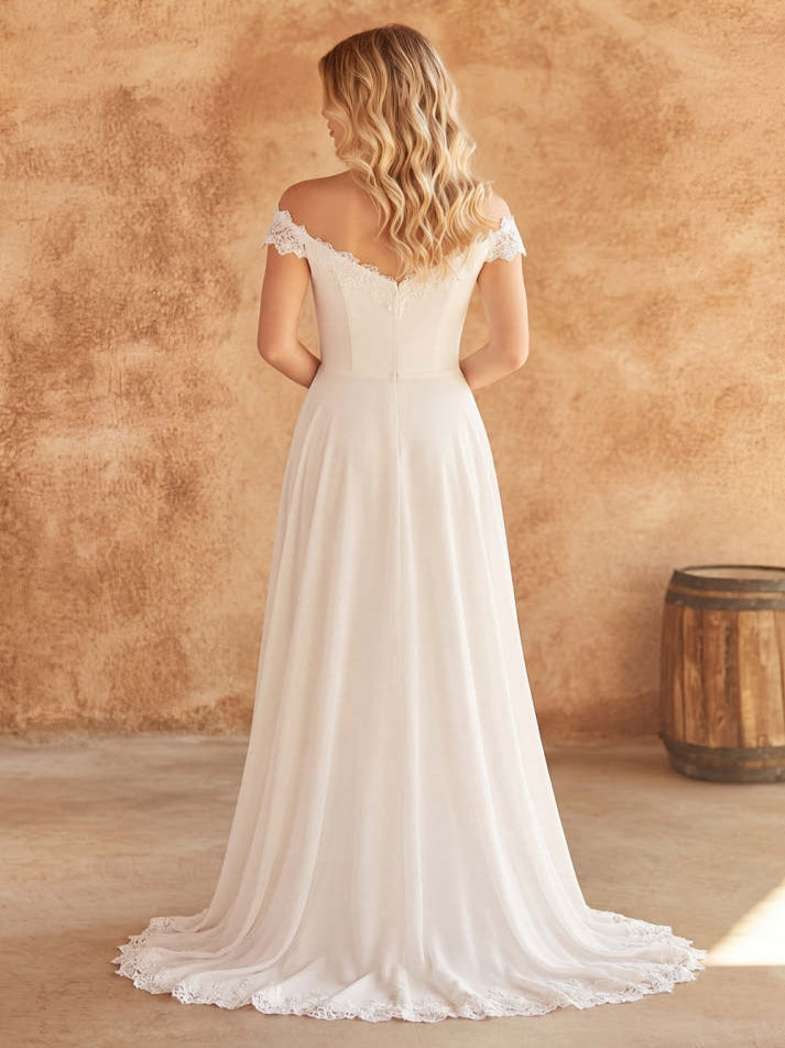 White A Line Off the Shoulder Swep Train Wedding Dress with Lace