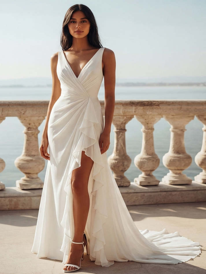 White V-Neck Ruffled Swep Train Beach Wedding Dress with Slit