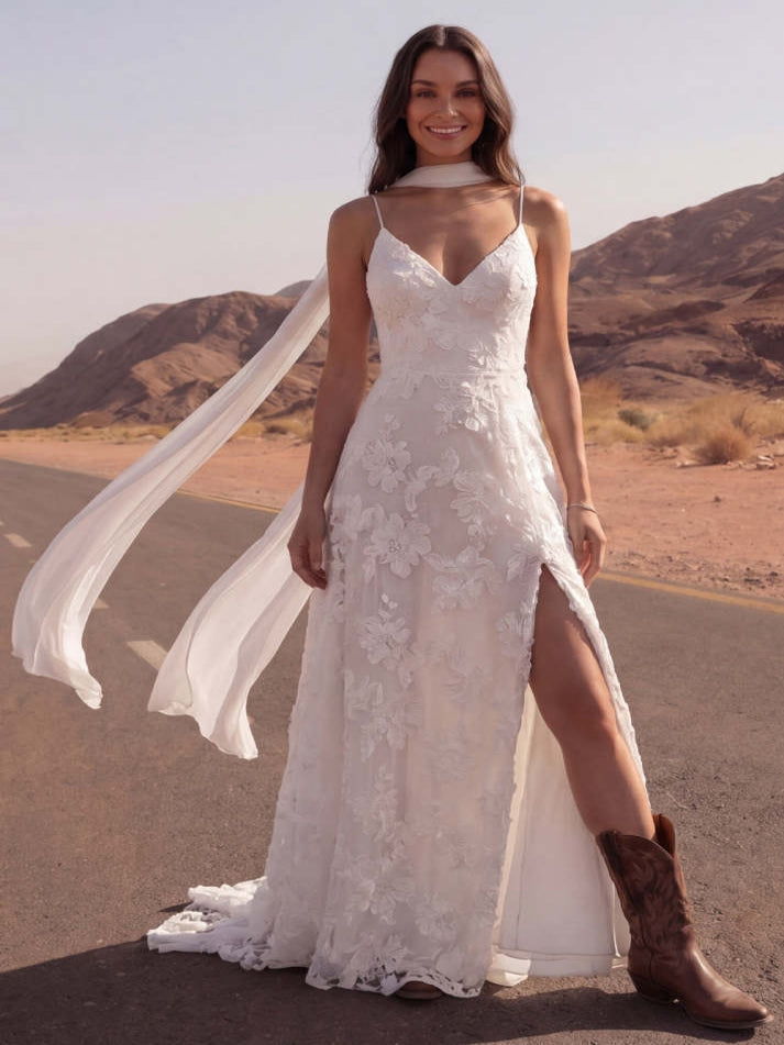 White Lace Embroidered A Line Swep Train Boho Wedding Dress with Slit
