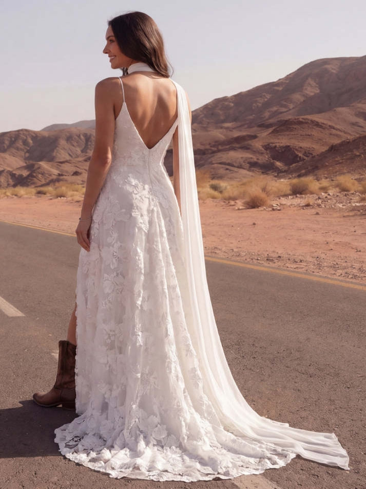 White Lace Embroidered A Line Swep Train Boho Wedding Dress with Slit