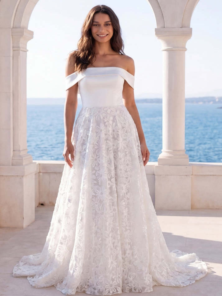 White Off the Shoulder A Line Embroidered Swep Train Beach Wedding Dress