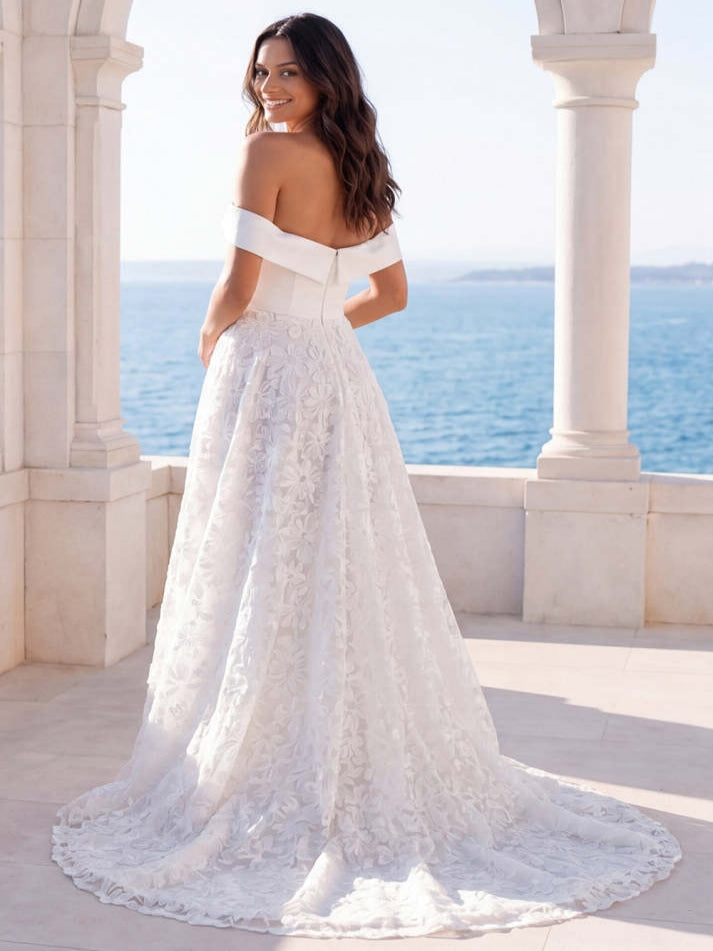 White Off the Shoulder A Line Embroidered Swep Train Beach Wedding Dress