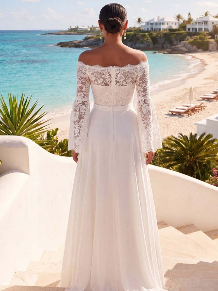 White Off the Shoulder Lace A Line Long Beach Wedding Dress with Slit