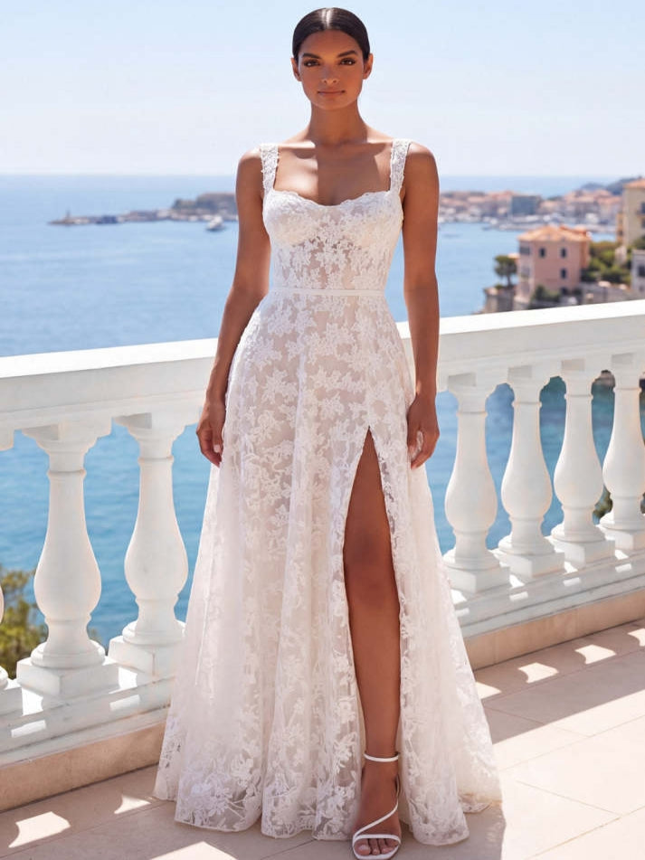 White Lace A Line Long Lace-up Back Beach Wedding Dress with Slit