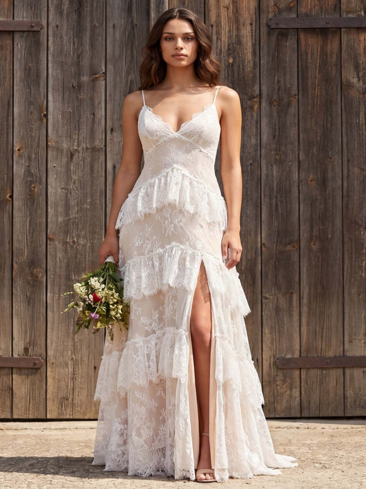 Floral Ivory A Line Sweep Train Lace Boho Wedding Dress with Slit