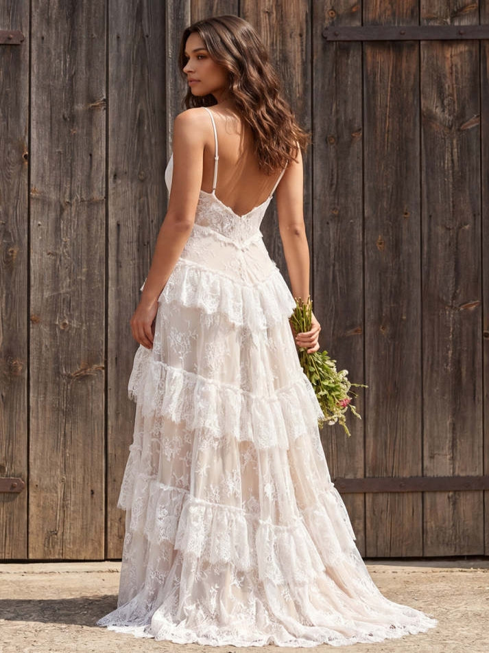 Floral Ivory A Line Sweep Train Lace Boho Wedding Dress with Slit