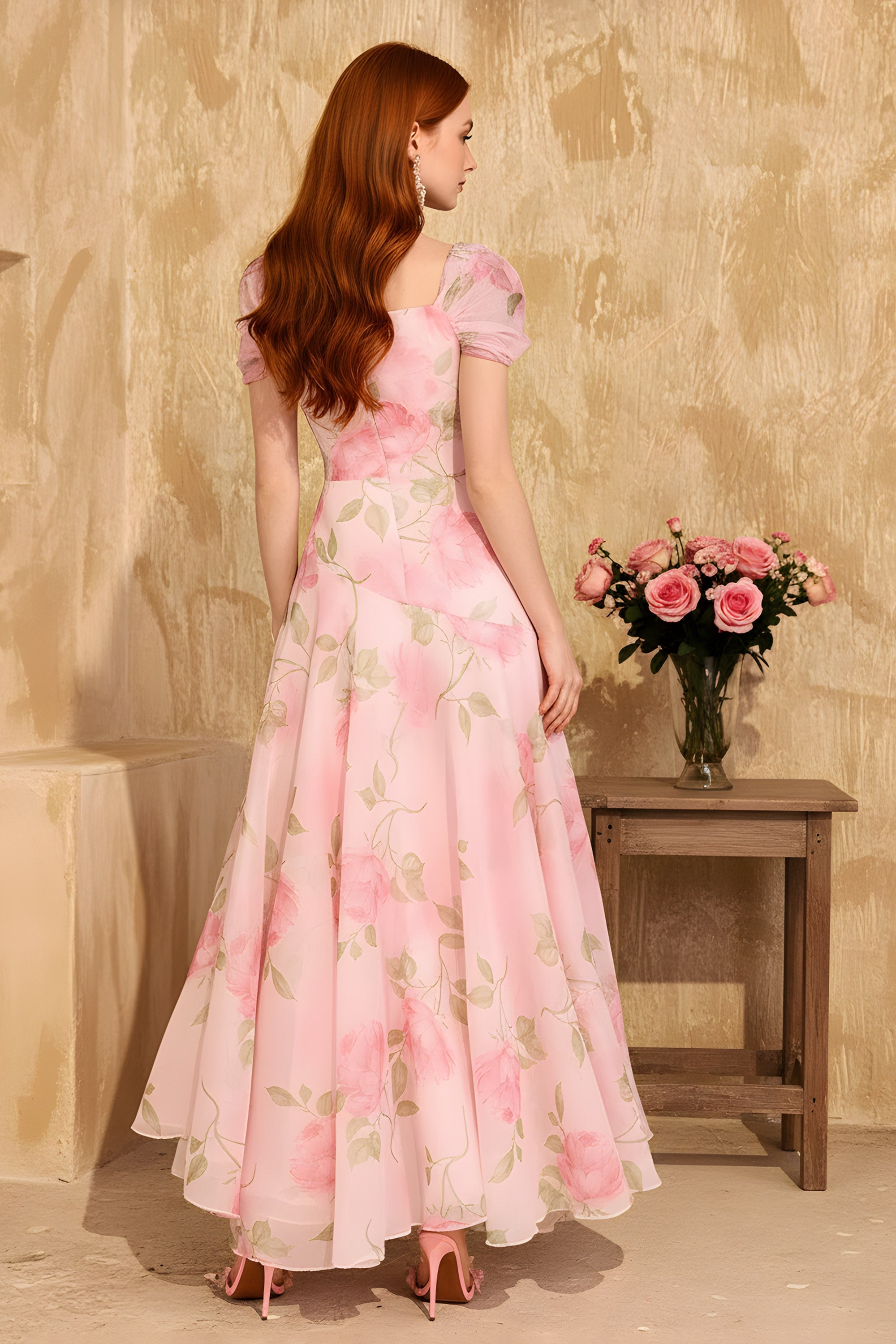 Floral Print Tea Length Evening Dress with Ruffle Details