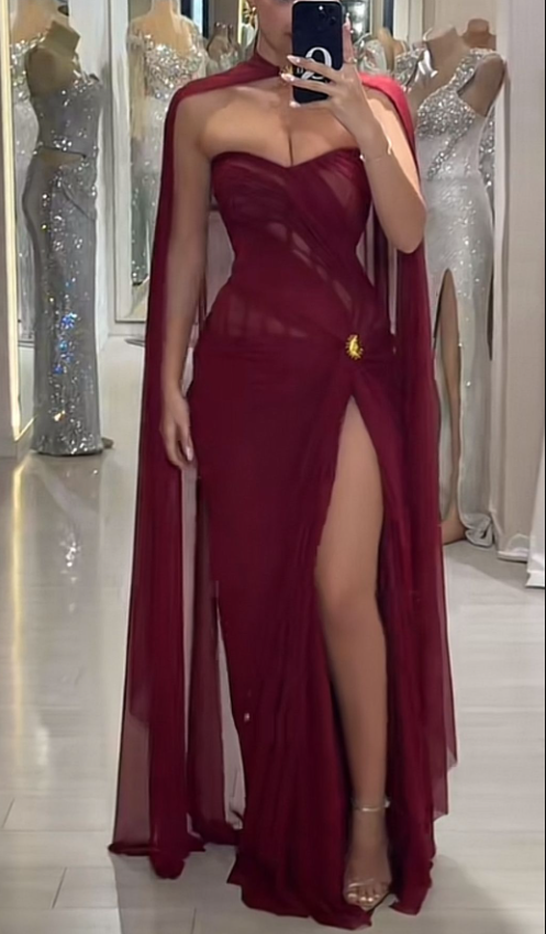 Sexy Burgundy Strapless Chiffon Slit Long Party Dress Birthday Prom Dress With Cape - FashionDia