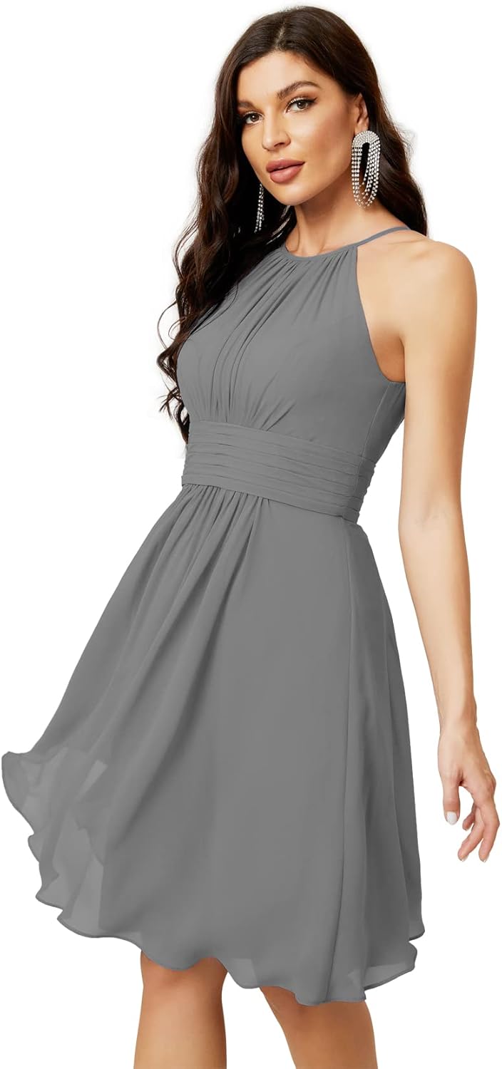 Sunnderly Short Halter Top Chiffon Bridesmaid Dresses Tea Length A Line Formal Evening Party Cocktail Dress Dusty Rose