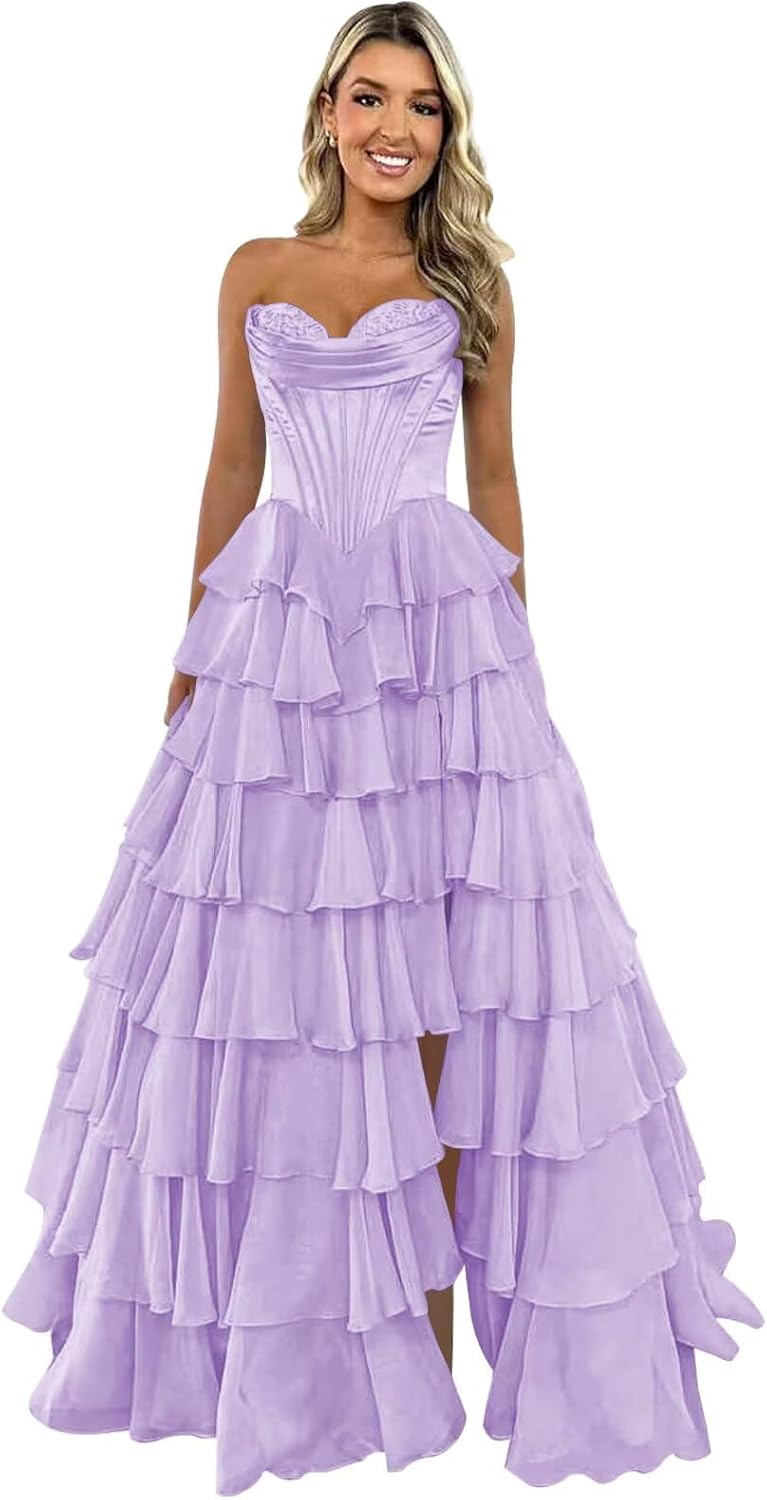 Strapless Corset Prom Dresses for Women 2025 Long Tiered Ruffle Chiffon Formal Evening Gown with Slit