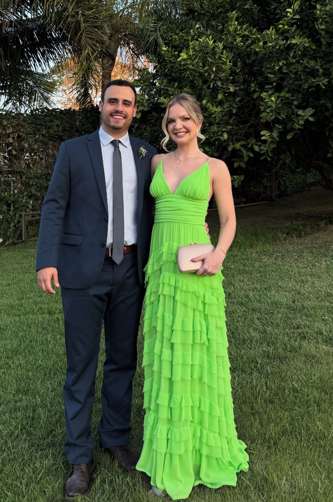 Spaghetti Straps Green A-Line Wedding Guest Dress Ruffle Prom Dress