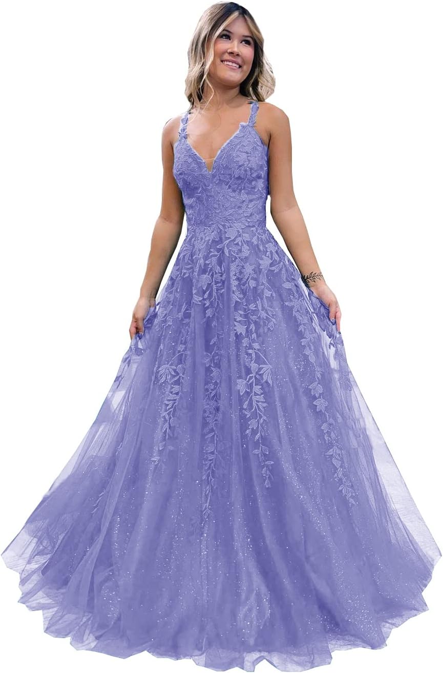 Floral Lace Glitter Tulle Prom Dress Long Ball Gown V Neck Formal Evening Dress Maxi Party Gown - View 14 | VelvetHem