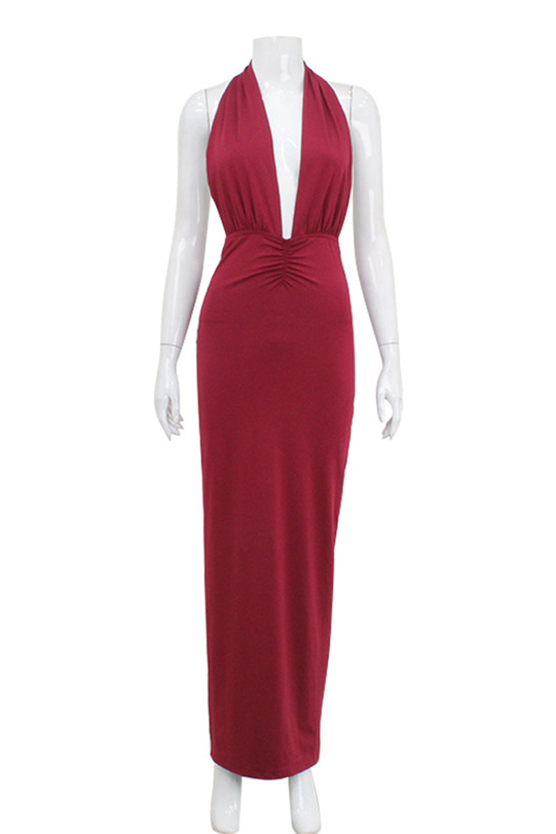 Sexy Solid Color Backless Ruched Halter Evening Dresses - View 4 | VelvetHem