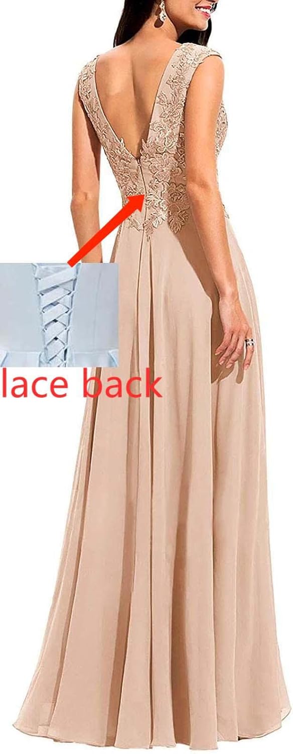 Chiffon Appliques Bridesmaid Dress Long V Neck Beaded Wedding Guest Gown with Split - View 2 | VelvetHem