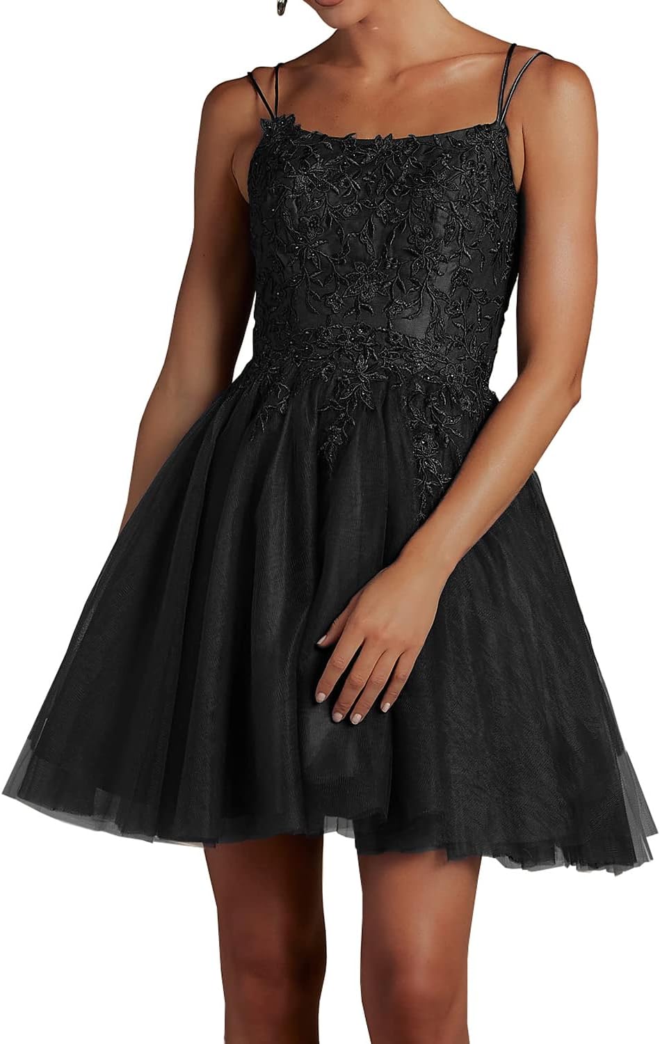 Modest Lace Beaded Tulle Homecoming Dresses Short Square Neck Prom Dress Spaghetti Straps Party Gown - View 6 | VelvetHem