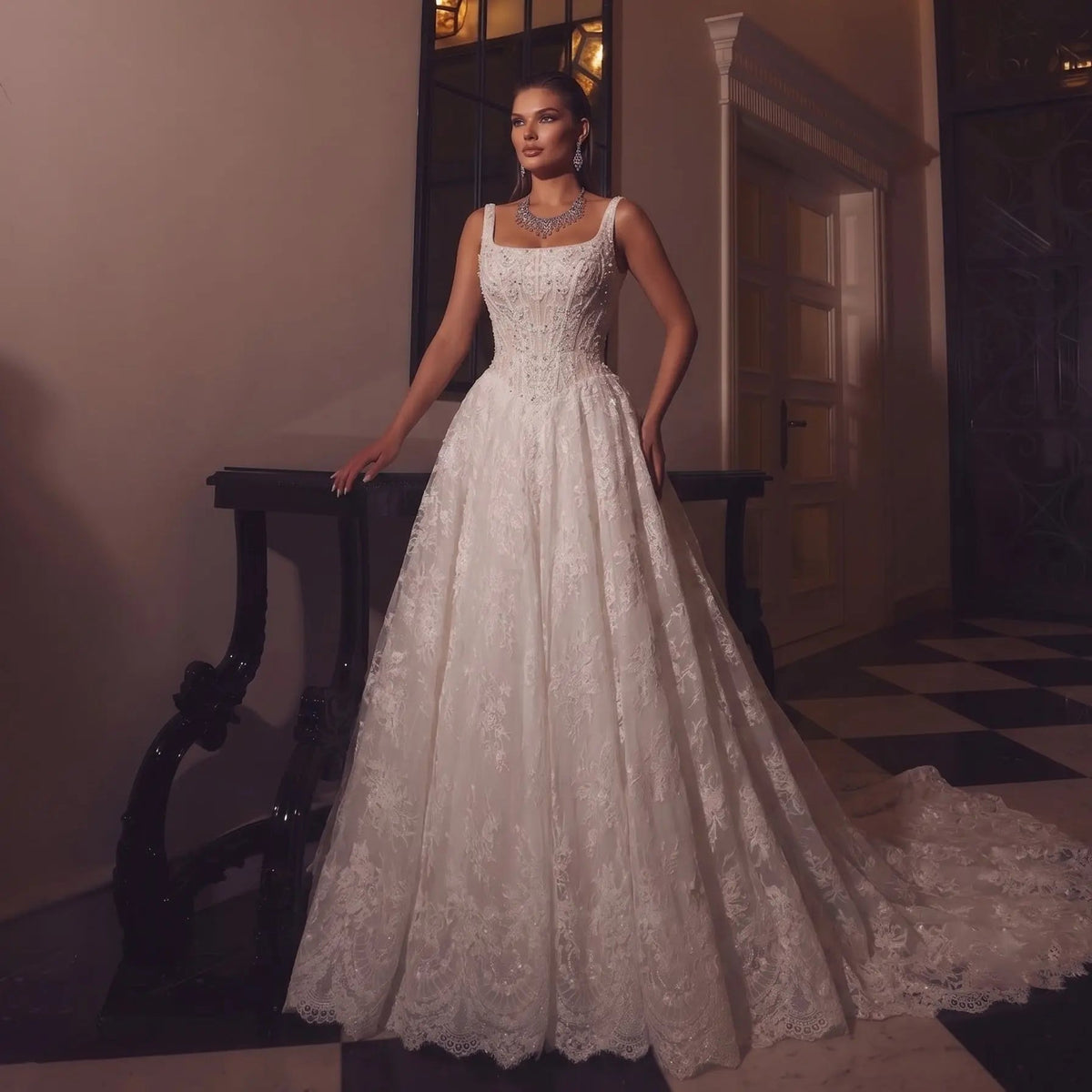 White Lace Spaghetti Strap Bridal Gown Square Neck Beaded Corset Ball Gown ZP012