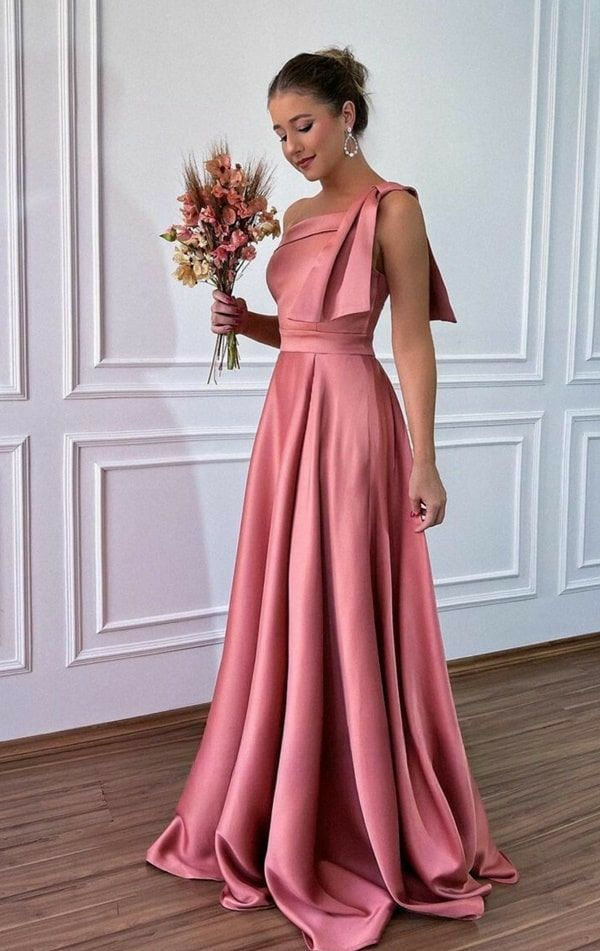 Women's One Shoulder Pink Satin Long Evening Dress