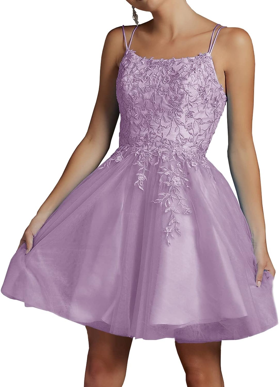 Modest Lace Beaded Tulle Homecoming Dresses Short Square Neck Prom Dress Spaghetti Straps Party Gown